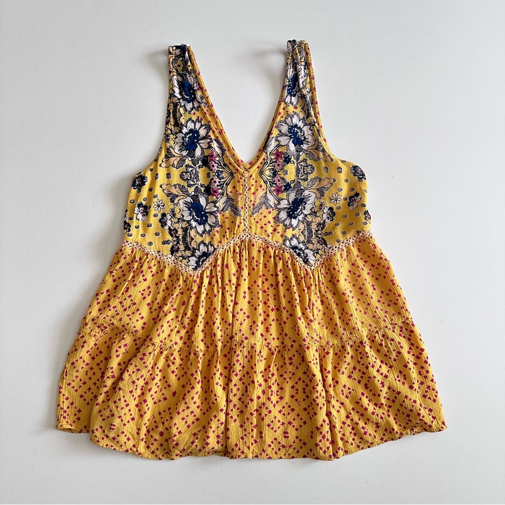 Blue Yellow Paisley Print Tiered Tank Top Small
